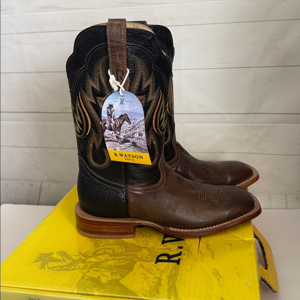 R. Watson Men’s Size 9 D Antique Miel Goat Black Square Toe Boots RW8003-2